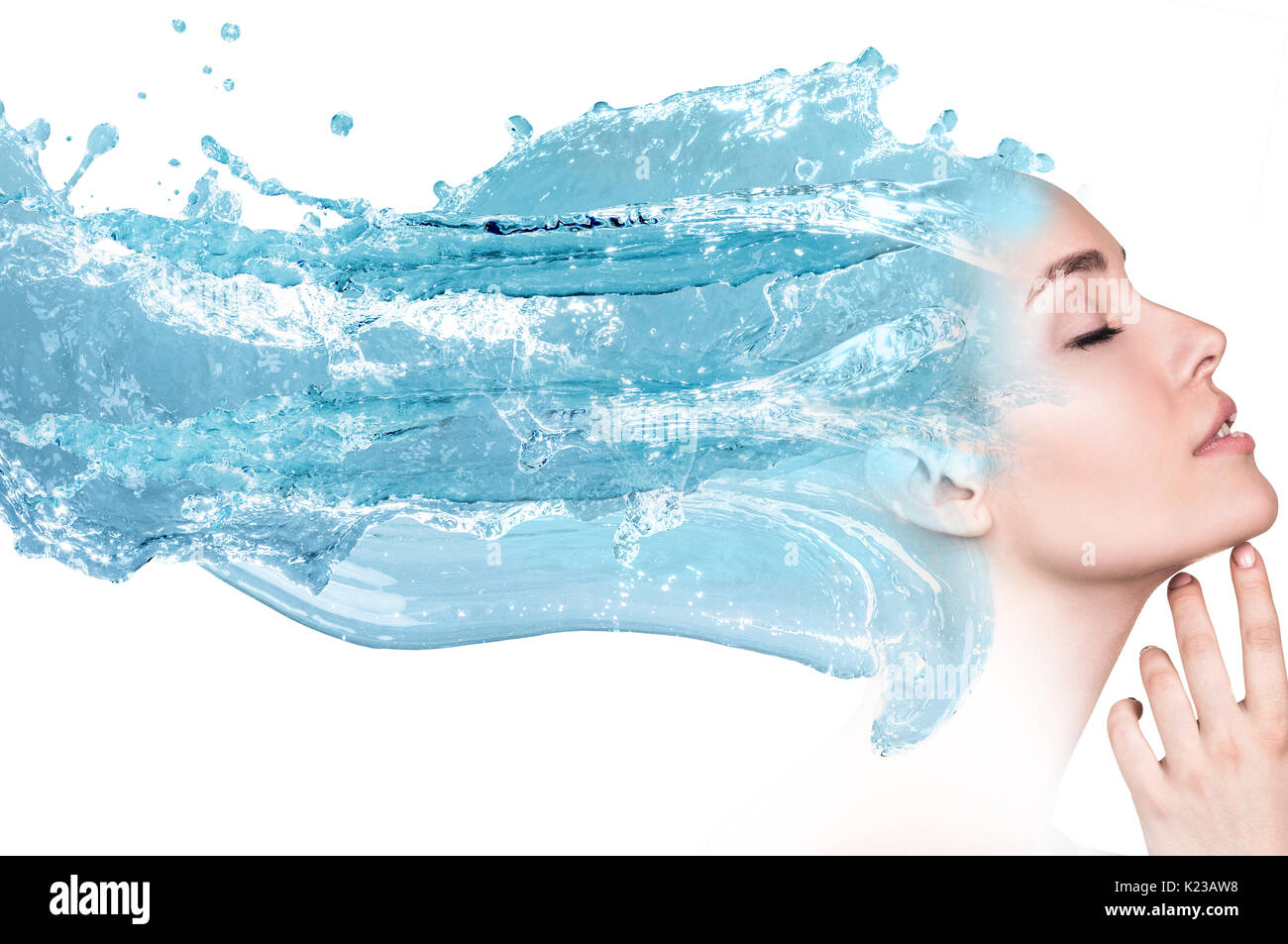 Double exposure of woman face with clear water. Stock Photo