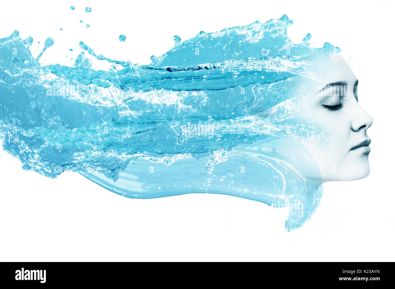 Double exposure of woman face with clear water. Stock Photo