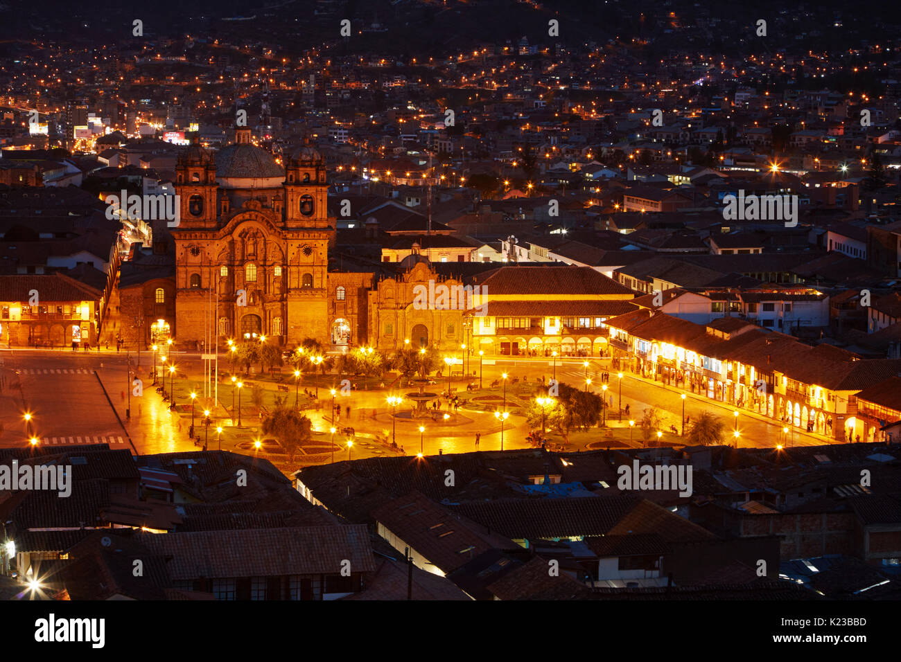 Iglesia de la Compania and Plaza de Armas at dusk, Cusco, Peru, South America Stock Photo