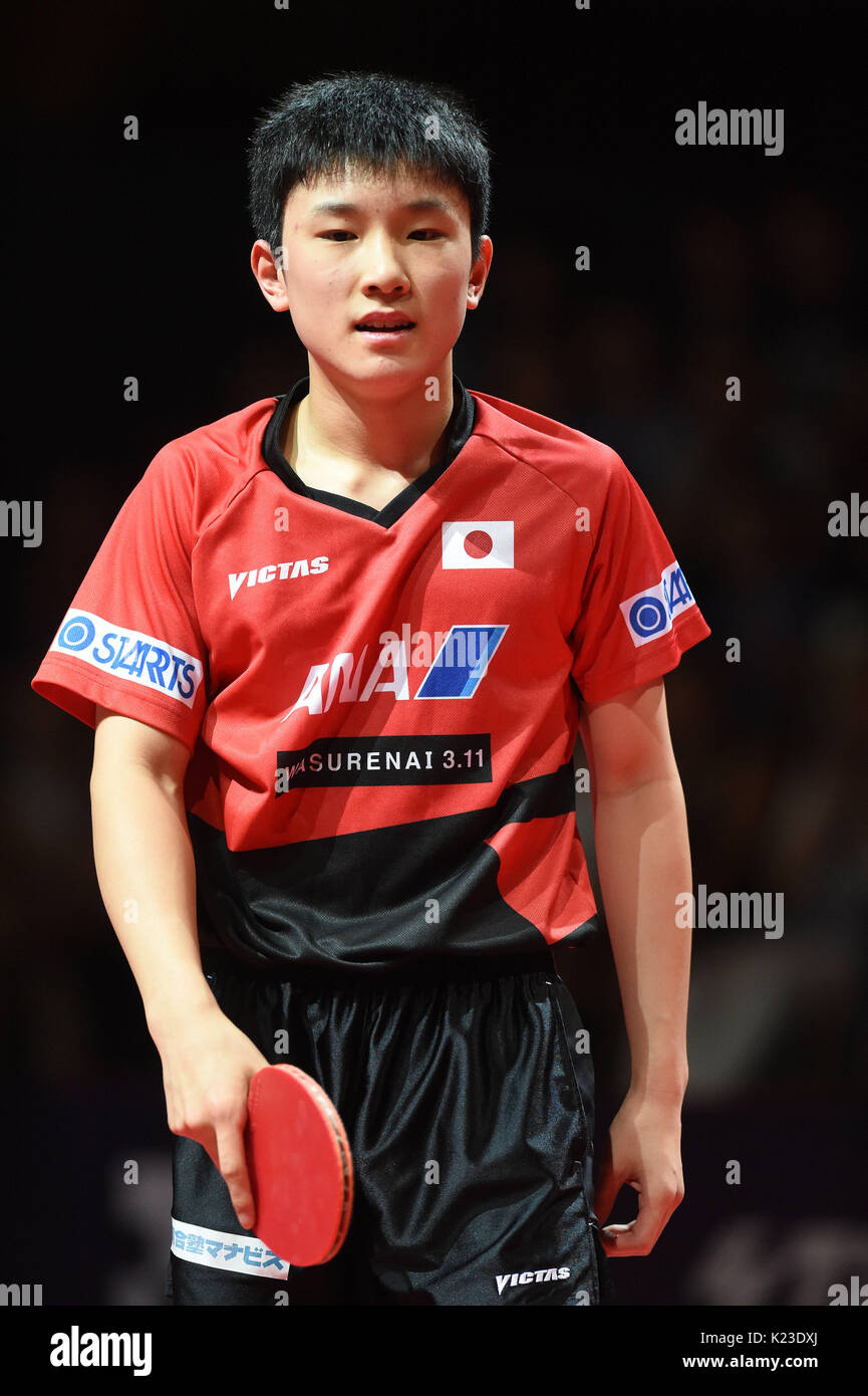 Olomouc, Czech Republic. 27th Aug, 2017. Tomokazu Harimoto of Japan  competes against Timo Boll of Germany during their final match of the men's  singles at the Table Tennis World Tour Czech Open
