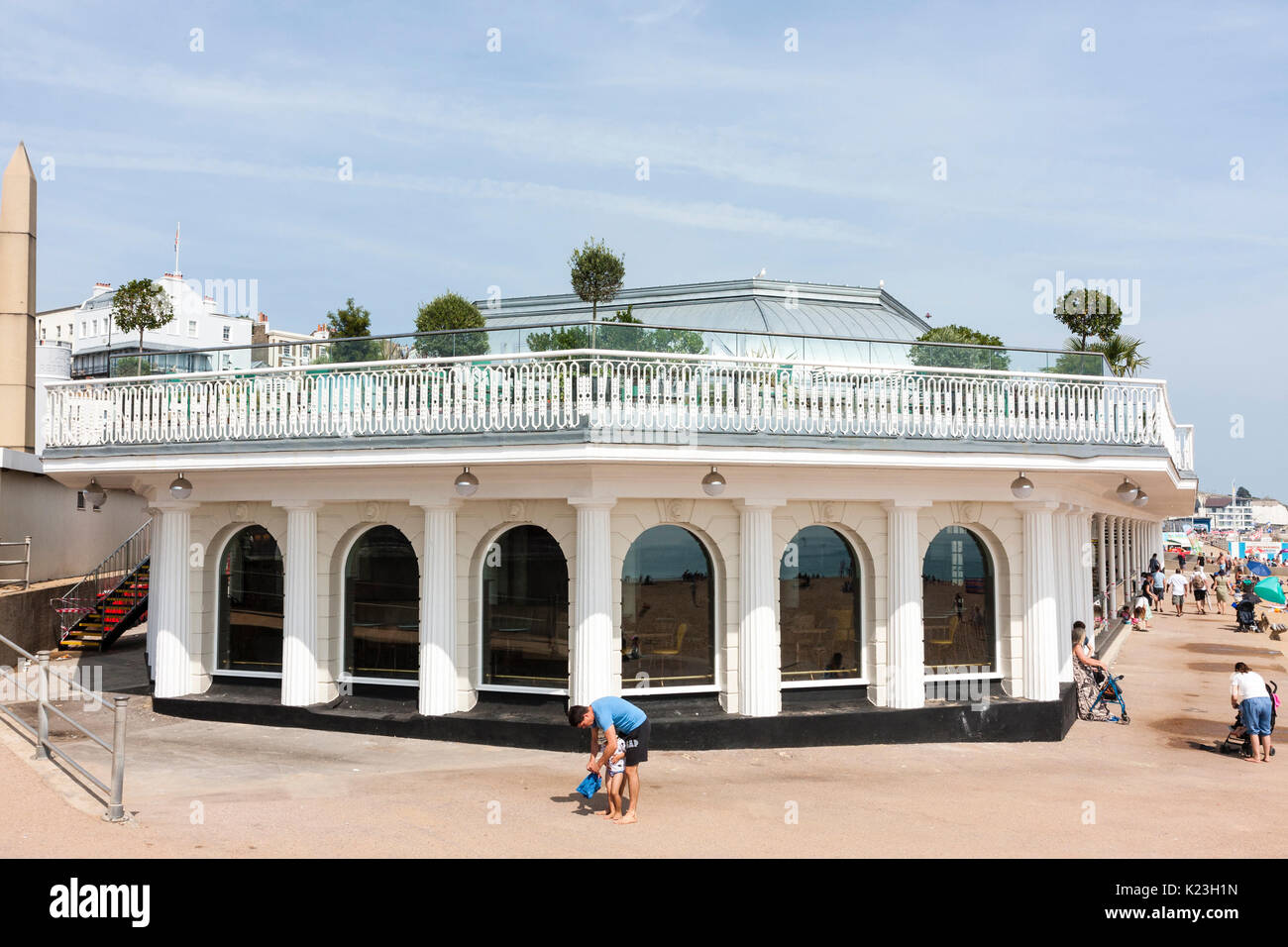 The Victorian Pavilion on the seafront at Ramsgate, restored by Weatherspoons into the largest pub in England. End view showing terrace and ground floor. Stock Photo