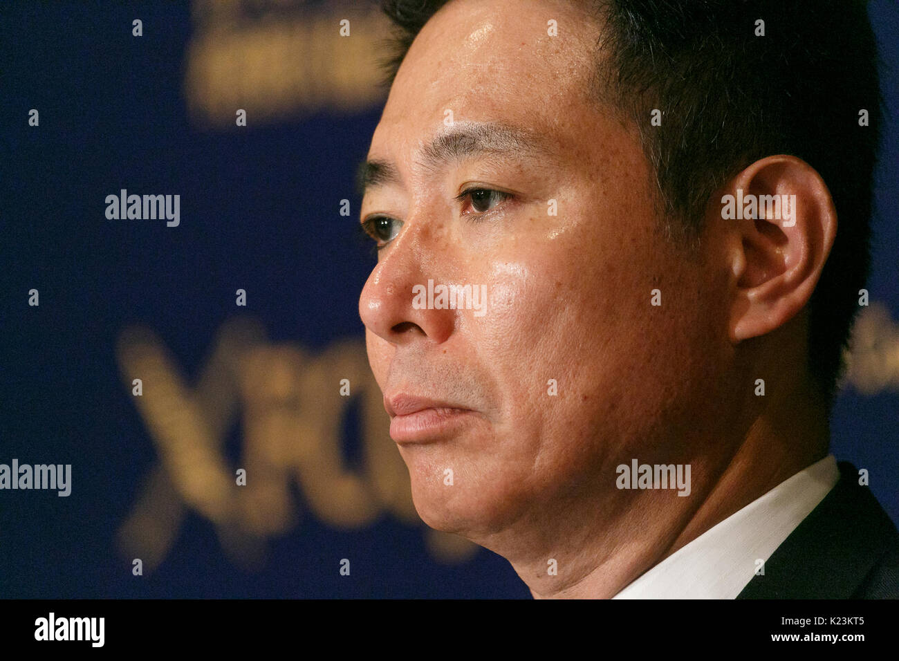 Former DP Foreign Minister Seiji Maehara attends a news conference at the Foreign Correspondents' Club of Japan on August 29, 2017, Tokyo, Japan. Maehara and Former Democratic Party (DP) Secretary General, Yukio Edano, visited the Club to speak about the opposition party's leadership election which will be held on September 1st. They also commented North Korea's missile launch that flew over Japan this morning. Credit: Rodrigo Reyes Marin/AFLO/Alamy Live News Stock Photo