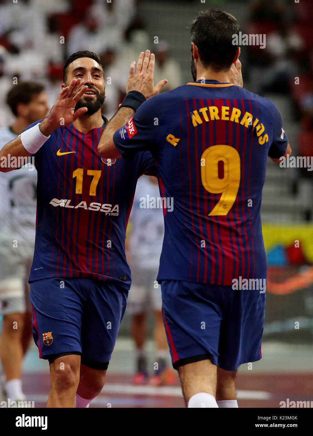 Doha, Qatar. 28th Aug, 2017. Barcelona's Valero Rivera Folch (l) and Raul  Entrerrios celebrate during the IHF Super Globe handball finale between  Fuechse Berlin and FC Barcelona in Doha, Qatar, 28 August