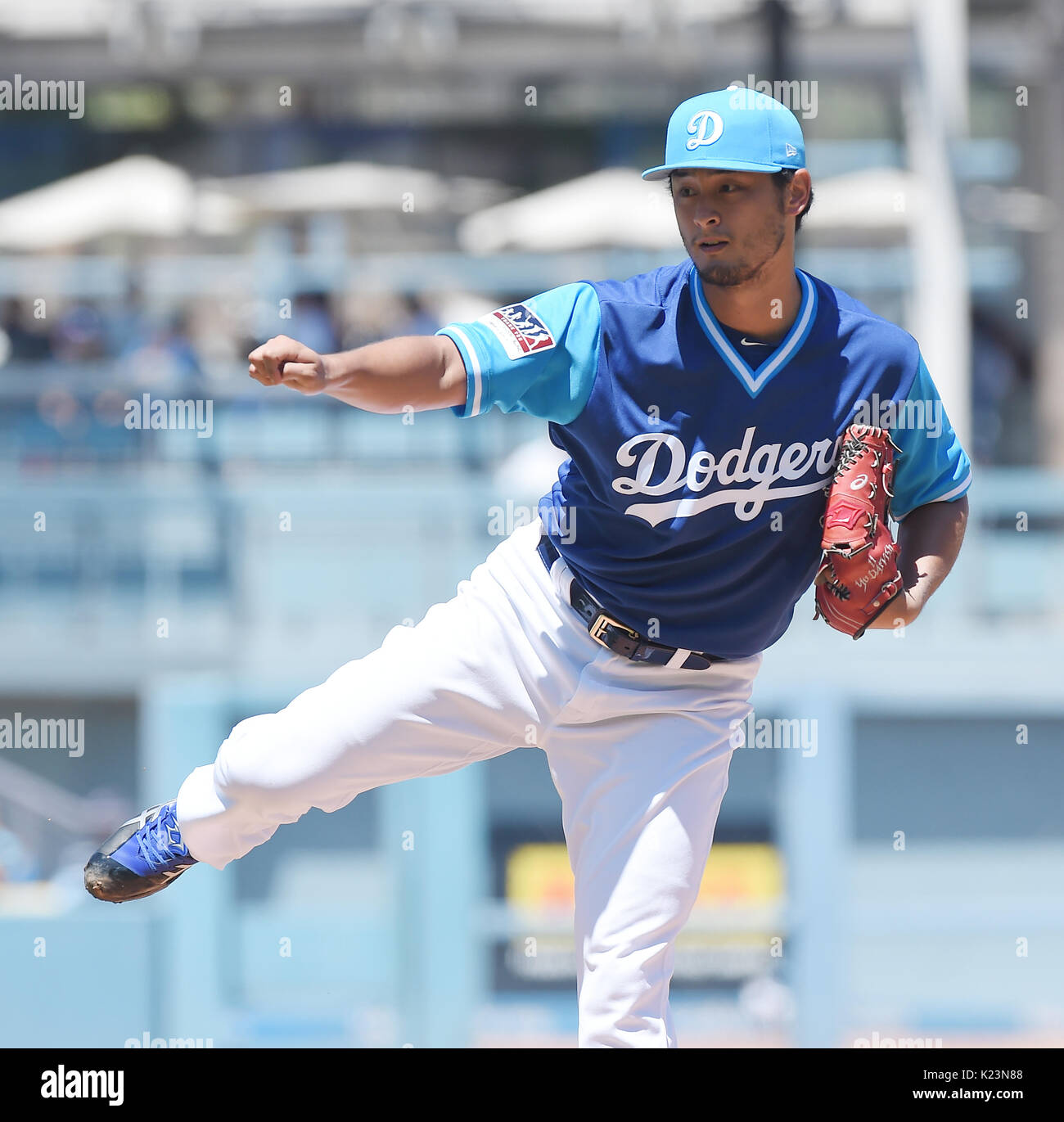 Los Angeles, California, USA. 27th Aug, 2017. Yu Darvish (Dodgers) MLB : Los Angeles Dodgers starting pitcher Yu Darvish during the Major League Baseball game against the Milwaukee Brewers at Dodger Stadium in Los Angeles, California, United States . Credit: AFLO/Alamy Live News Stock Photo