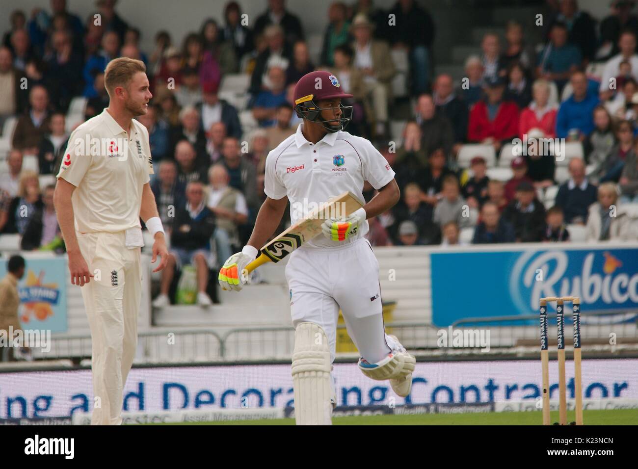 Leeds, UK. 29th Aug, 2017. Kieron Powell of the West Indies running a single past England bowler Stuart Broad on the final day of the second Investec Test Match at Headingley Cricket Ground. Credit: Colin Edwards/Alamy Live News Stock Photo