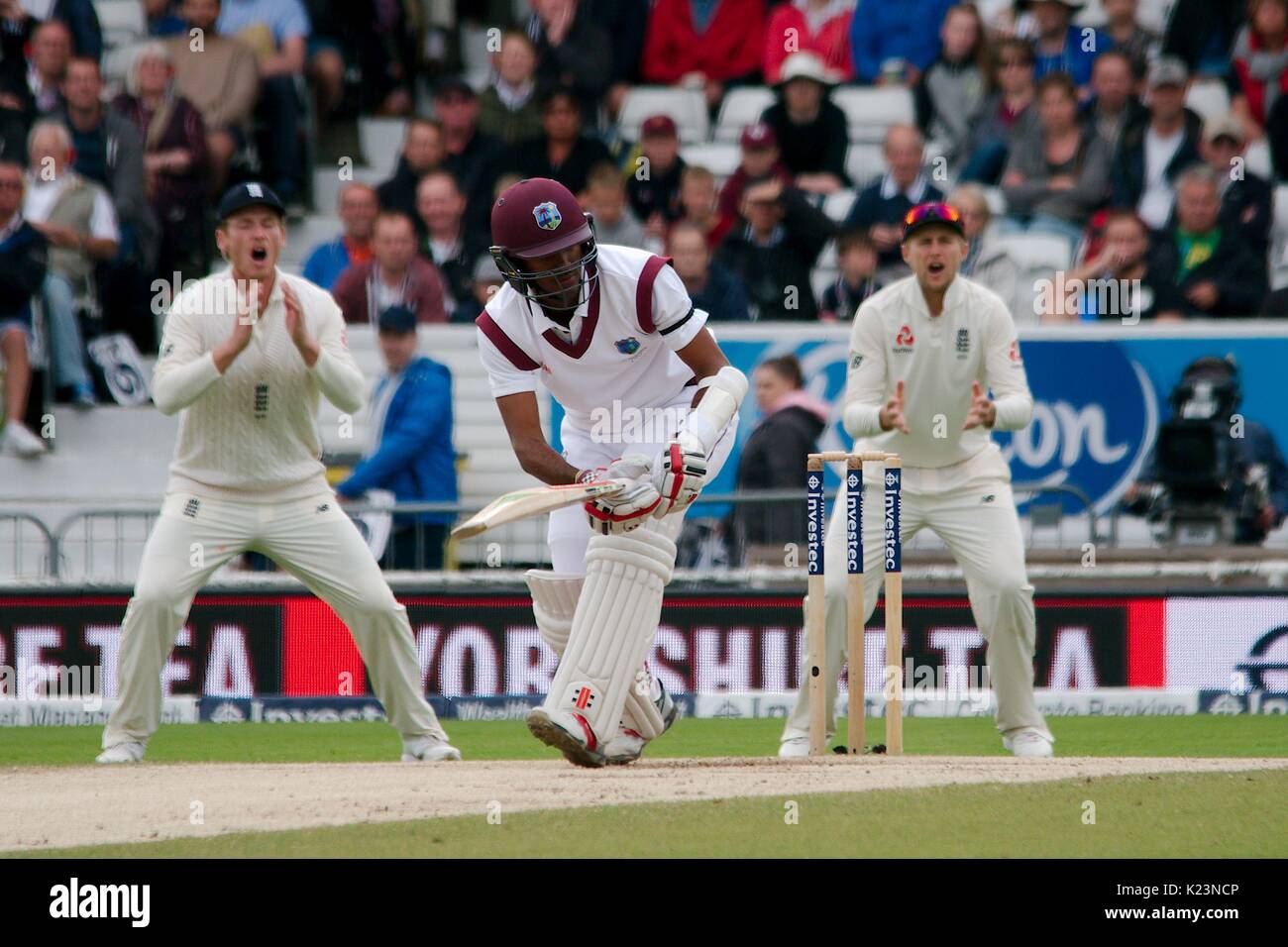 Leeds, UK. 29th Aug, 2017. Kraigg Brathwaite batting for West Indies against England on the last day of the second Investec Test Match at Headingley Cricket Ground. Credit: Colin Edwards/Alamy Live News Stock Photo