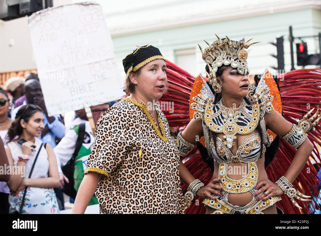 London, UK. 28th Aug, 2017. Political protest message taking a stand during the festival of Notting Hill Credit: Sara Lacuesta/Alamy Live News Stock Photo