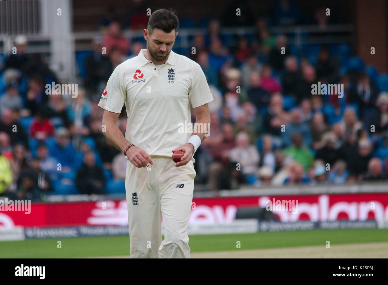 Leeds, UK. 29th Aug, 2017. Jimmy Anderson of England turning at the end of his run up to bowl against West Indies on the last day of the second Investec Test Match at Headingley Cricket Ground. Credit: Colin Edwards/Alamy Live News Stock Photo