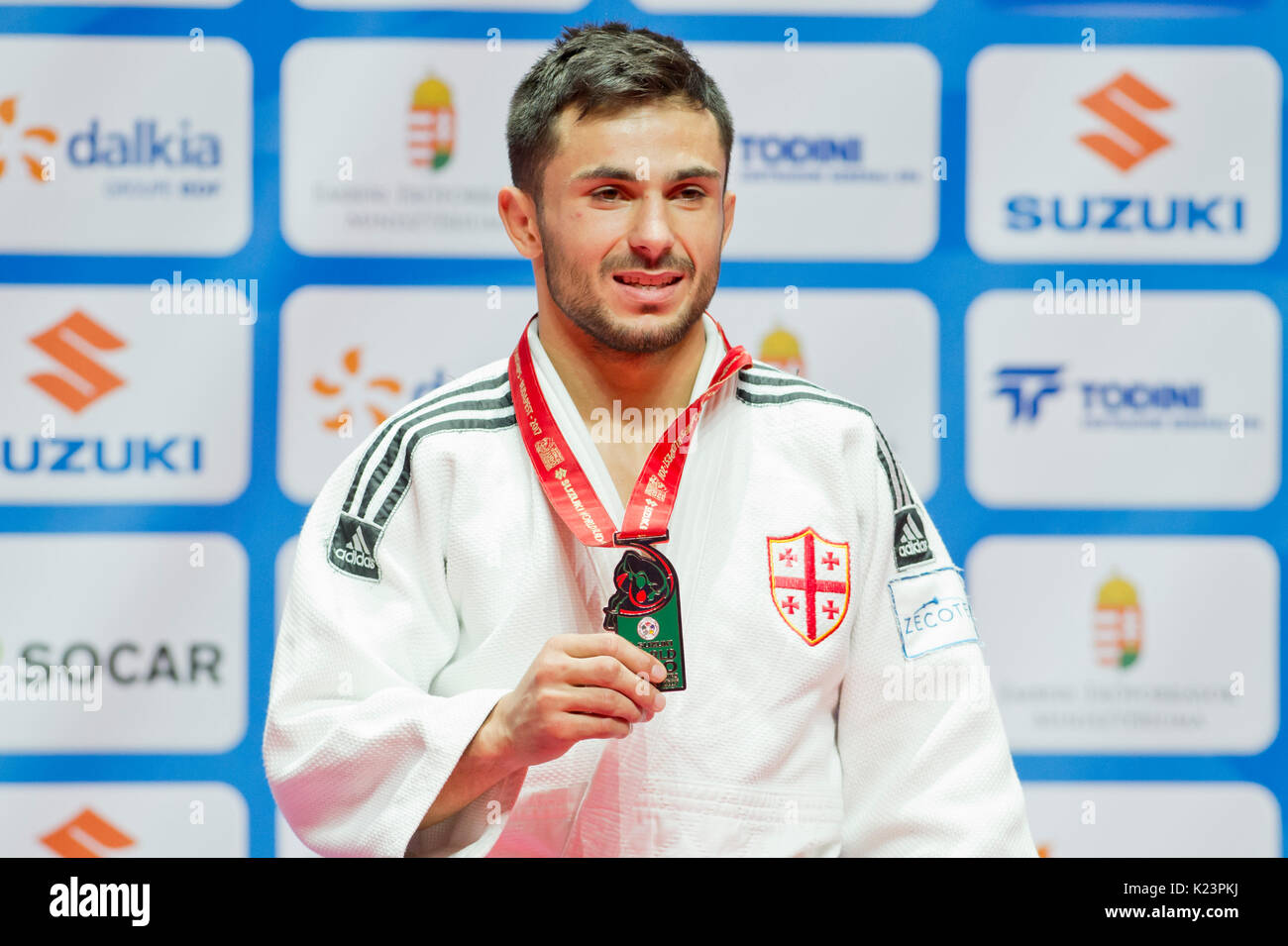 Budapest, Hungary. 29th Aug, 2017. Georgian judoka Vazha Margvelashvili celebrates a bronze medal of the category -66 kg men within Suzuki World Judo Championships 2017 in Budapest, Hungary, on August 29, 2017. Credit: Vit Simanek/CTK Photo/Alamy Live News Stock Photo