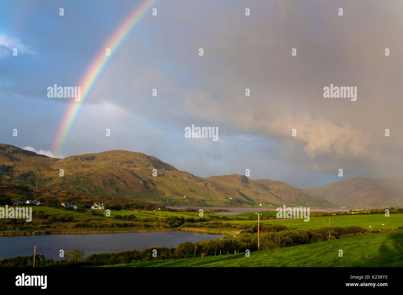 Ardara, County Donegal, Ireland weather. 30th August 2017. A rainbow