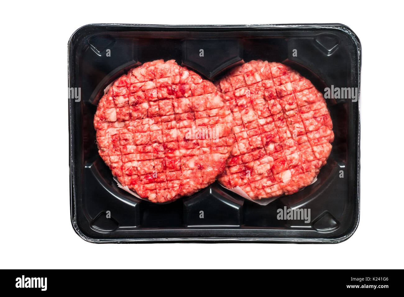 Raw Beef Burgers In A Packaging Tray Stock Photo
