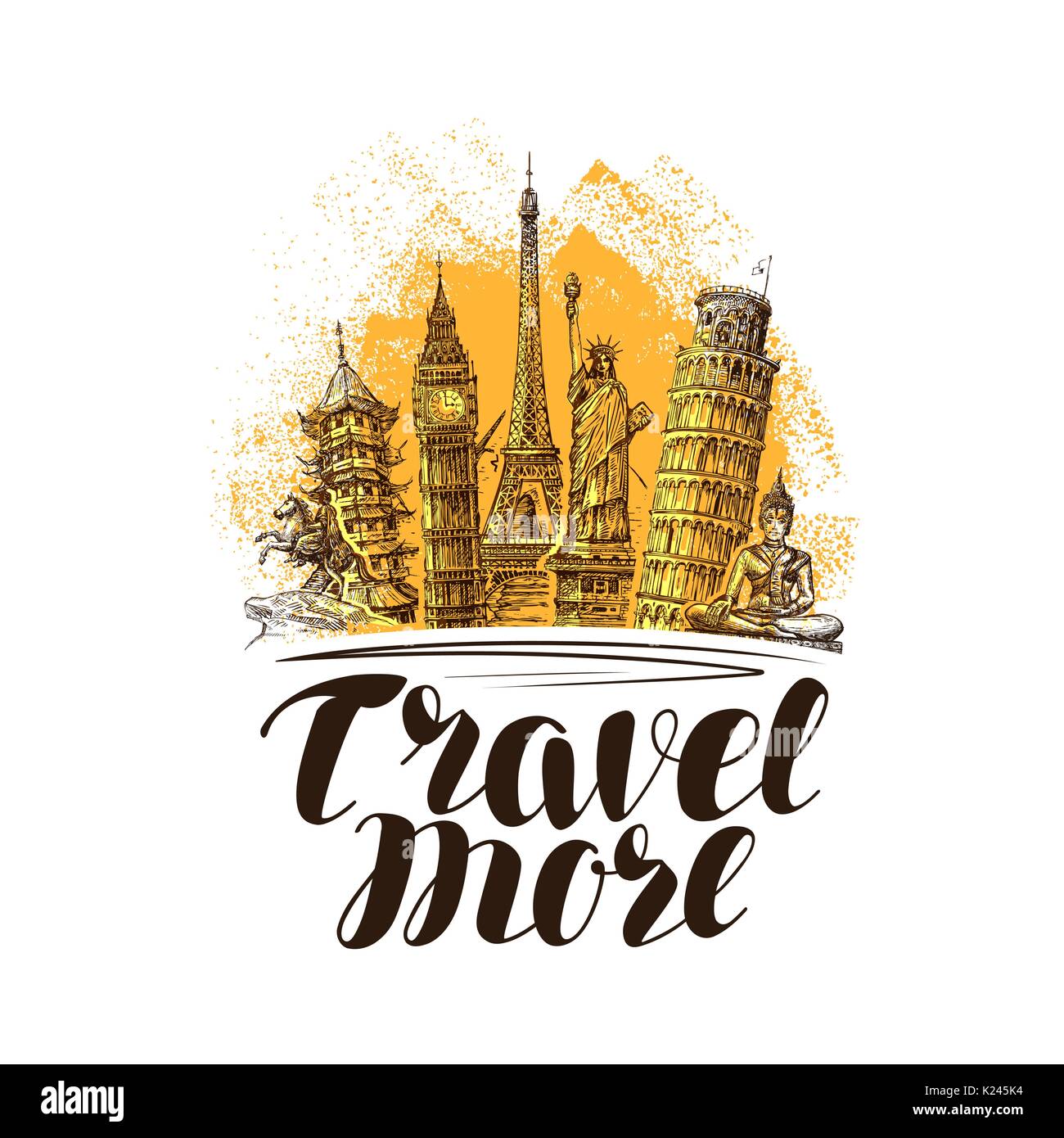 Travel, journey banner. Famous world landmarks. Sketch vector illustration Stock Vector