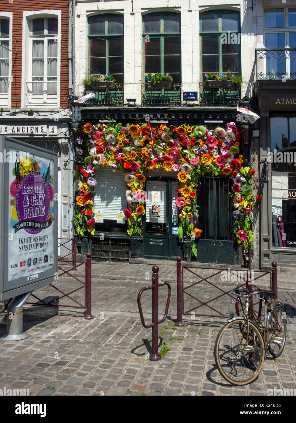 LILLE, FRANCE - JUNE 08, 2014:  Bar decorated for the annual Pride march in the city Stock Photo