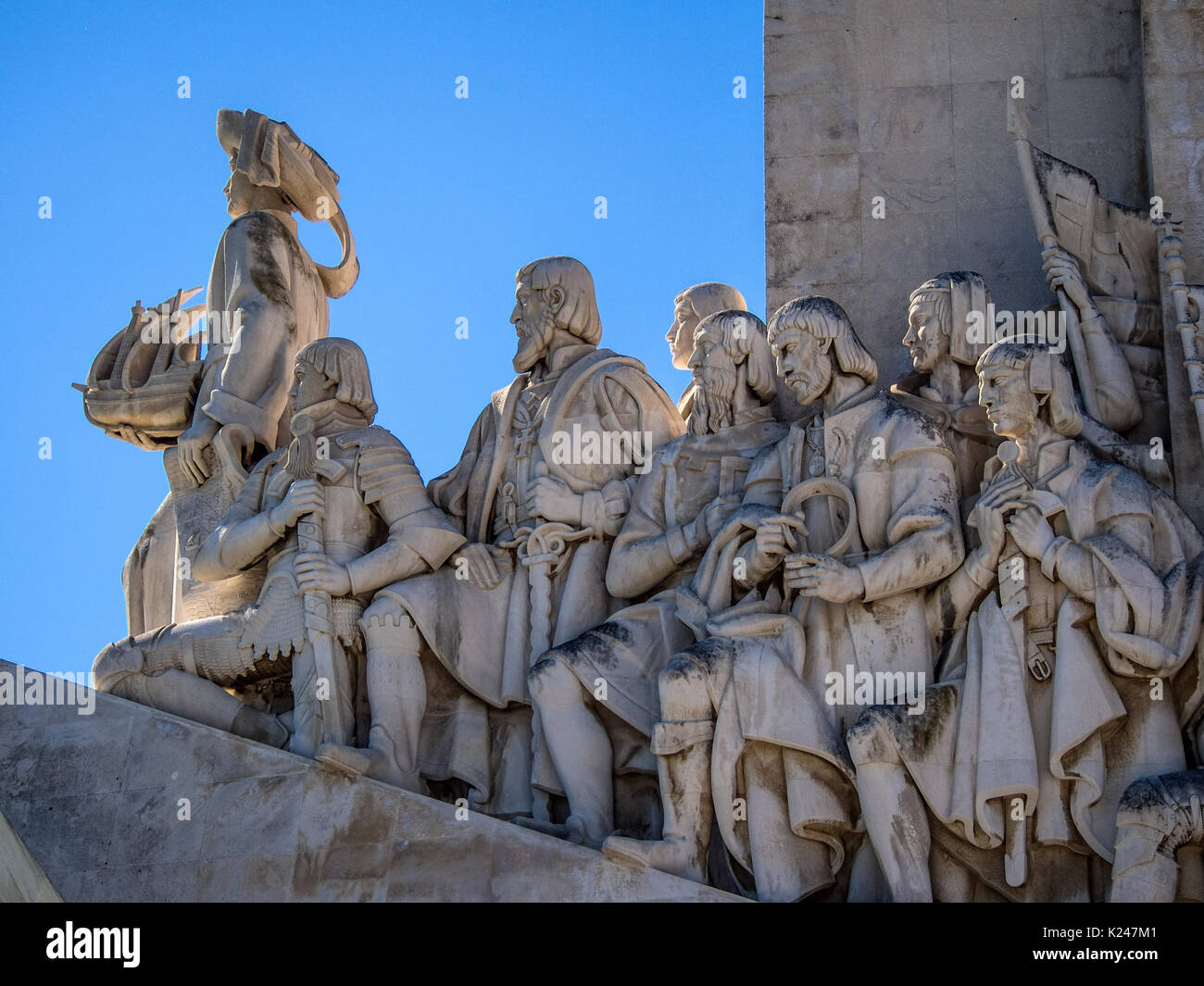 LISBON, PORTUGAL - MARCH 06, 2015:  Detail of the statues on the Monument to the Discoveries at Belem Stock Photo