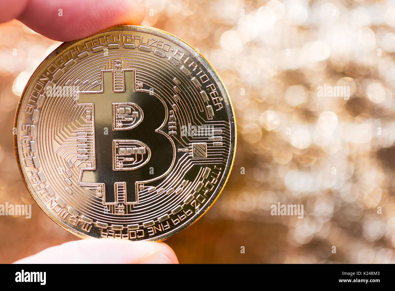 single golden shining bitcoin coin from cryprocurrency standing in a gravel  back side Stock Photo - Alamy