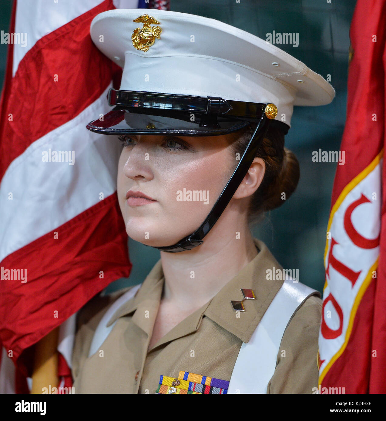August 19, 2017: A Marine Corps color guard prepares to present colors before a Major League Baseball game between the Oakland Athletics and the Houston Astros at Minute Maid Park in Houston, TX. Chris Brown/CSM Stock Photo