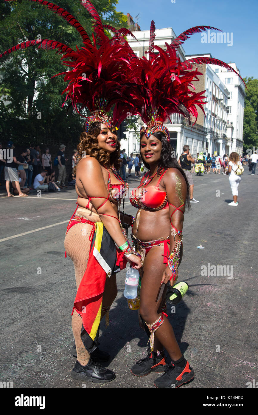 London, UK. 28th August, 2017. Performers wait to take part in the parade for the Notting Hill Carnival. This year's event, attended by hundreds of thousands of people, took on added significance because of its proximity to the Grenfell Tower and a minute's silence was observed at 3pm. Credit: Mark Kerrison/Alamy Live News Stock Photo