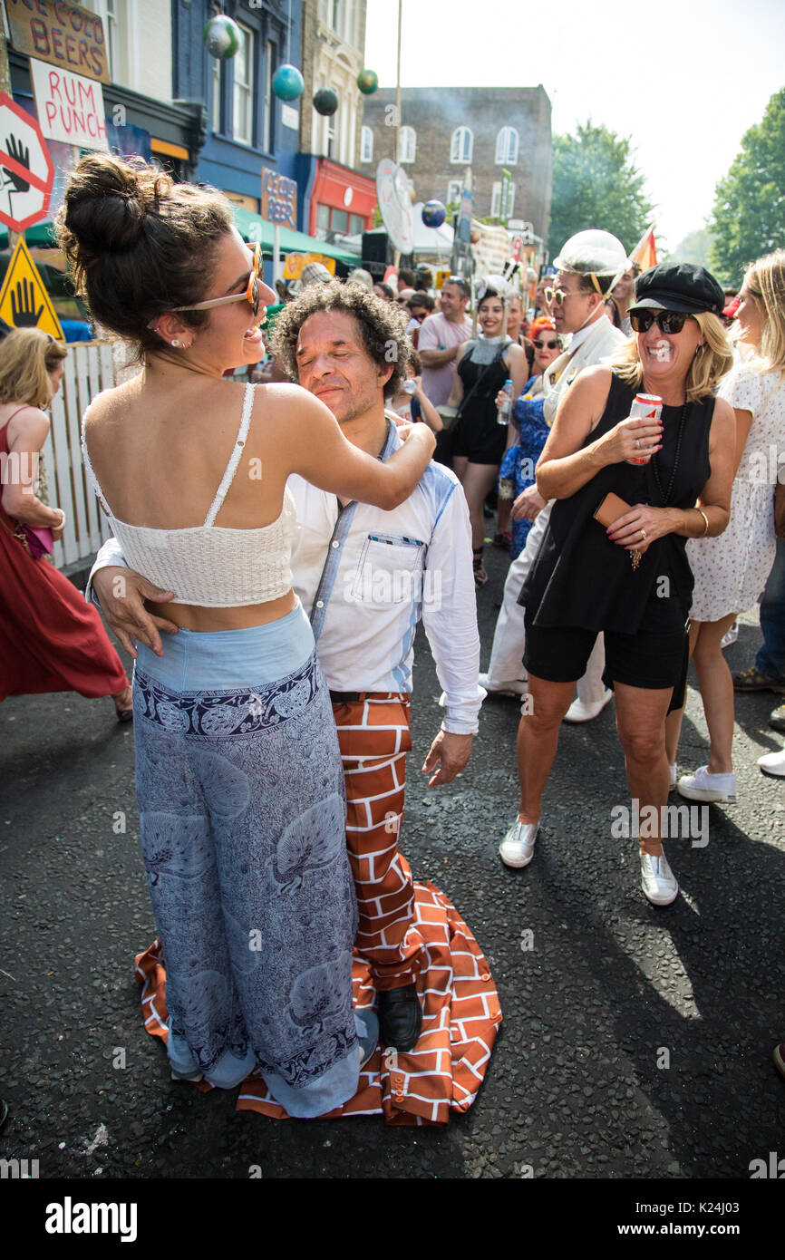 London, UK. 28th August, 2017. Revellers dance at the Gaz's Rockin' Blues sound system. Hundreds of thousands of people took part in the Notting Hill Carnival in West London. The event took on added significance this year because of its proximity to the Grenfell Tower and a minute's silence was observed at 3pm. Credit: Mark Kerrison/Alamy Live News Stock Photo