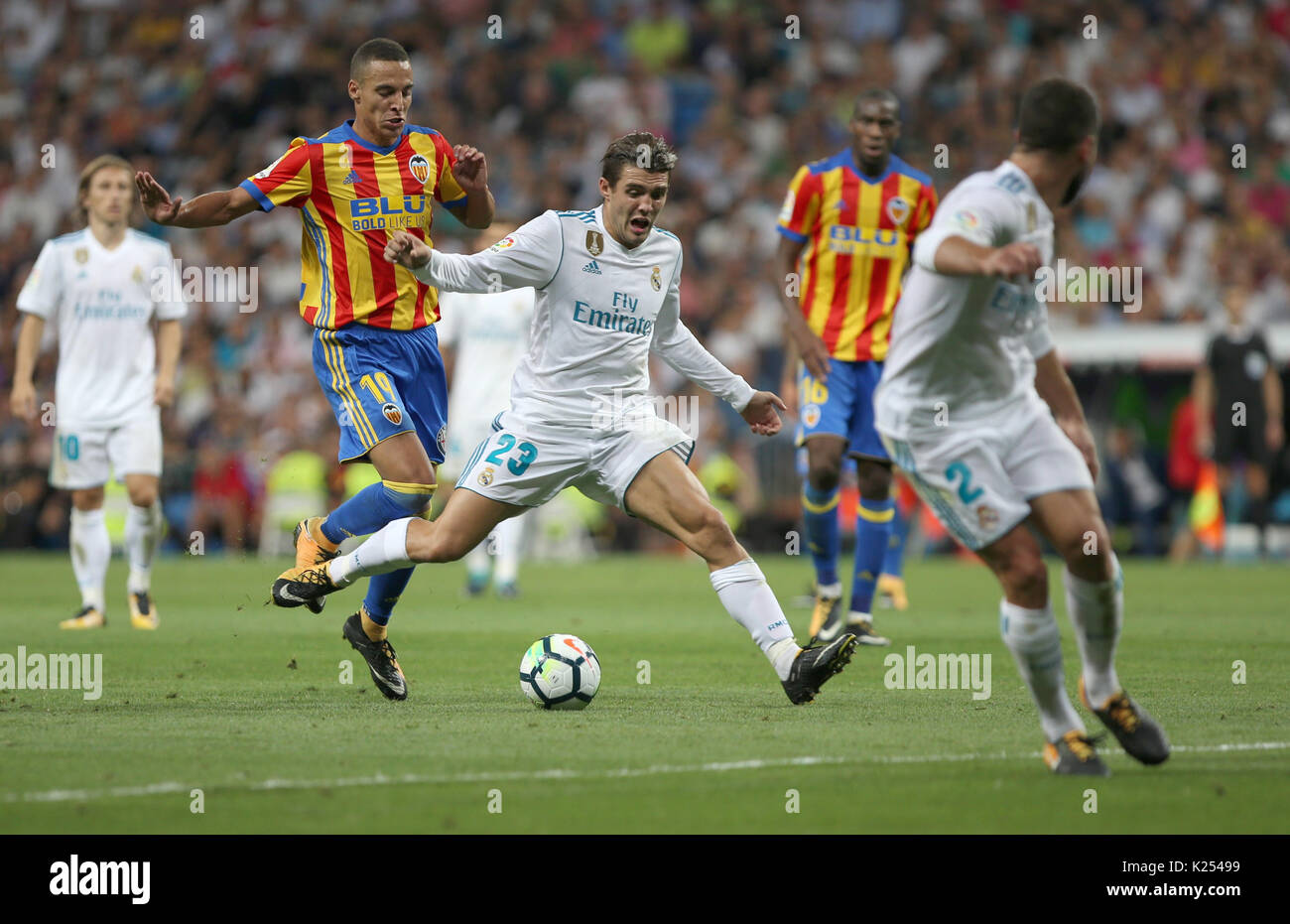 Kovacic fouled by Rodrigo. LaLiga Santander matchday 2 between Real Madrid and Valencia. The final score was 2-2, Marco Asensio scored twice for Real  Stock Photo