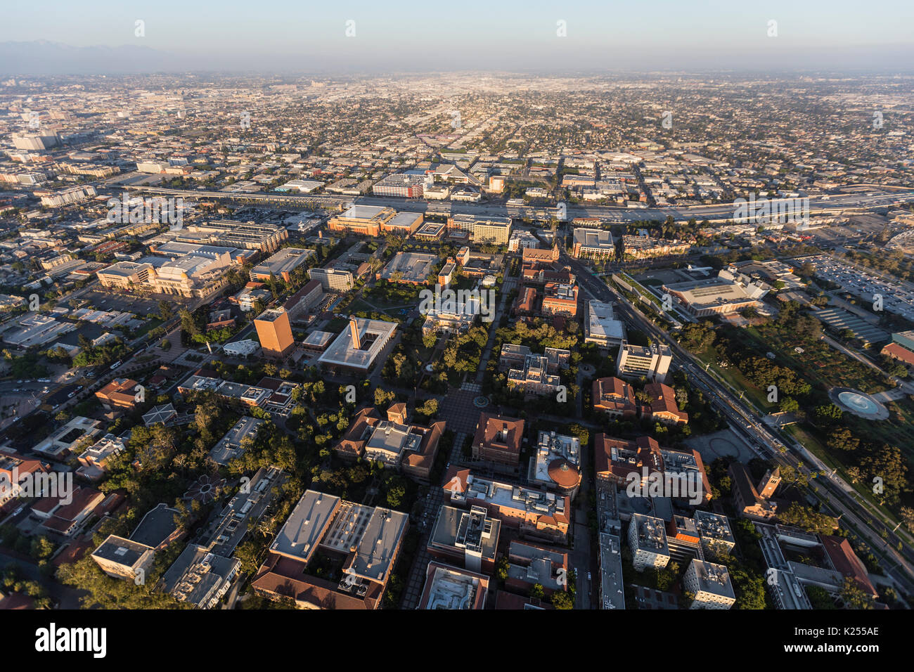 Aerial view of the University of Southern California campus and neighborhoods south of downtown Los Angeles. Stock Photo