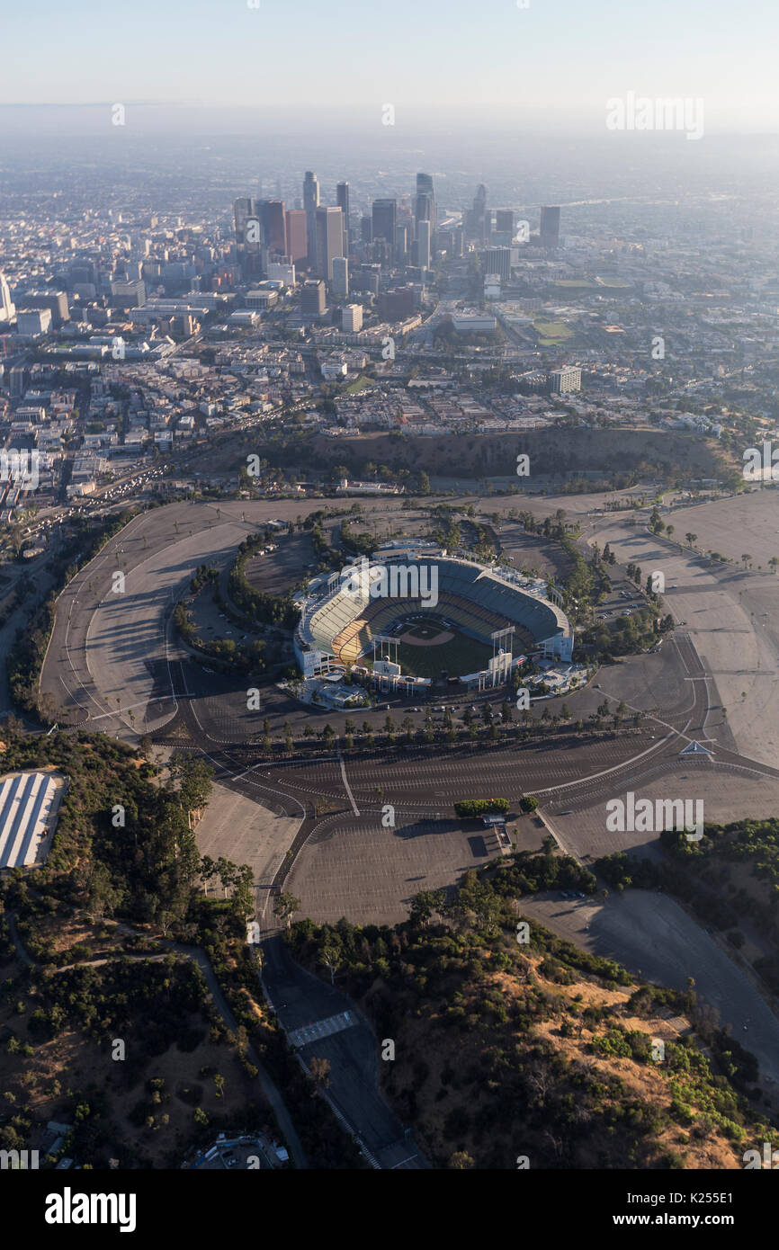 Los Angeles, California, USA - August 7, 2017:  Aerial view of Dodger Stadium with downtown in background. Stock Photo