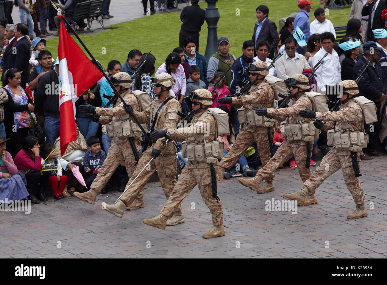 Camouflaged soldiers at parade, Plaza de Armas, Cusco, Peru, South America Stock Photo