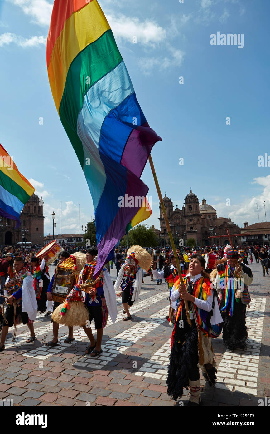 Parade of indigenous people and rainbow flags of Cusco, Plaza de Armas, Cusco, Peru, South America Stock Photo
