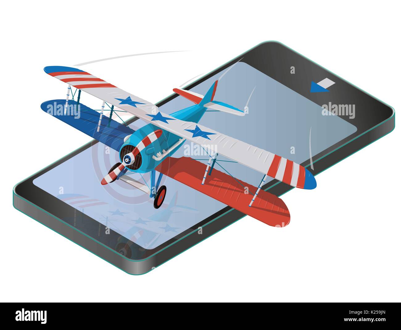 Vector biplane from World War on mobile phone with colors of flag of United States. Aircraft propeller with two wings. Old retrodesigned aircraft. Stock Vector