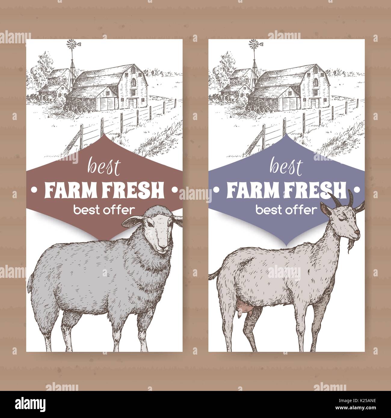 Two farm shop labels with farmhouse, barn, sheep and goat on white. Stock Vector