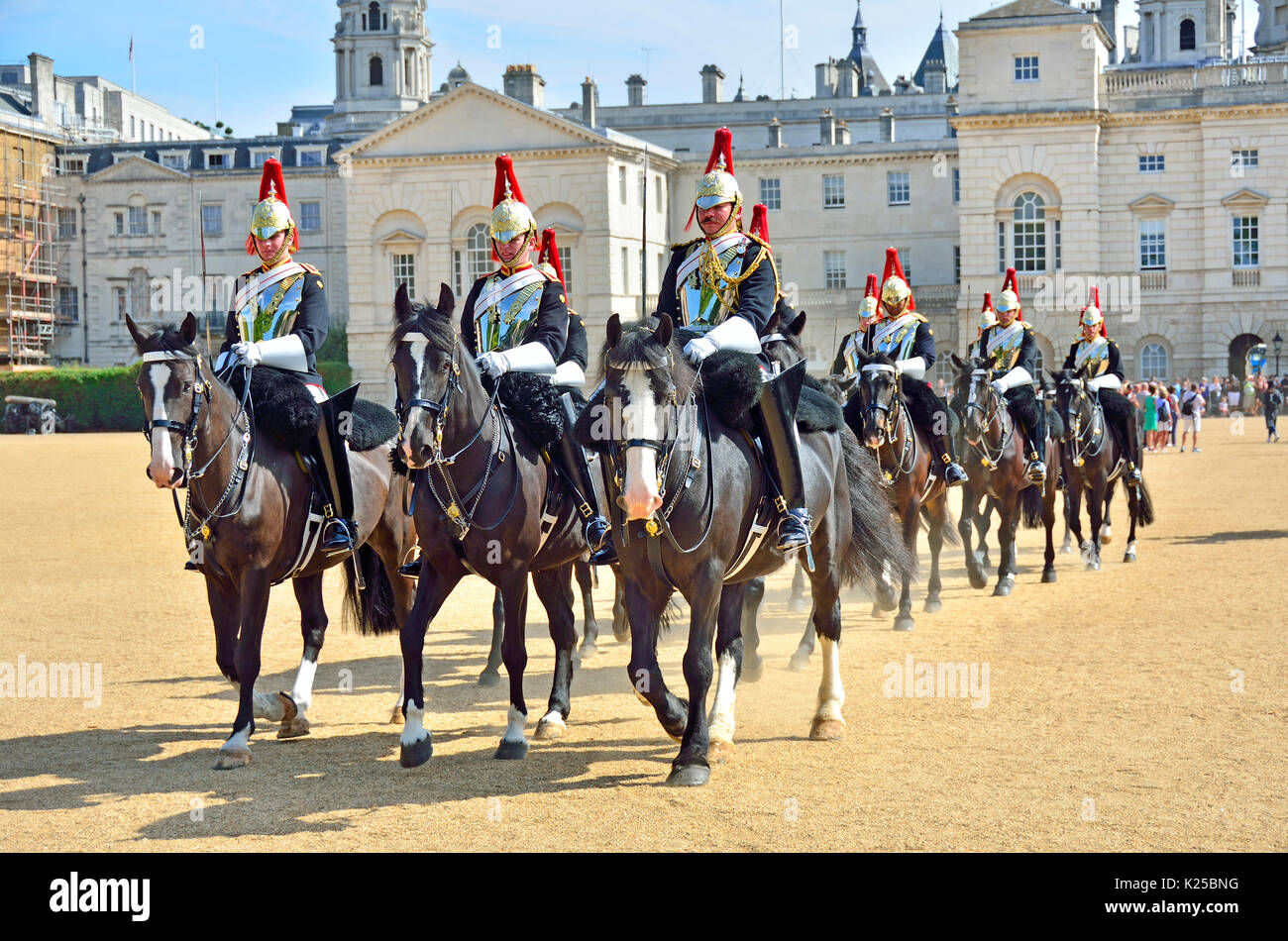 London, England, UK. Morning Changing of the guard on Horse Guards Parade: Blues and Royals Stock Photo