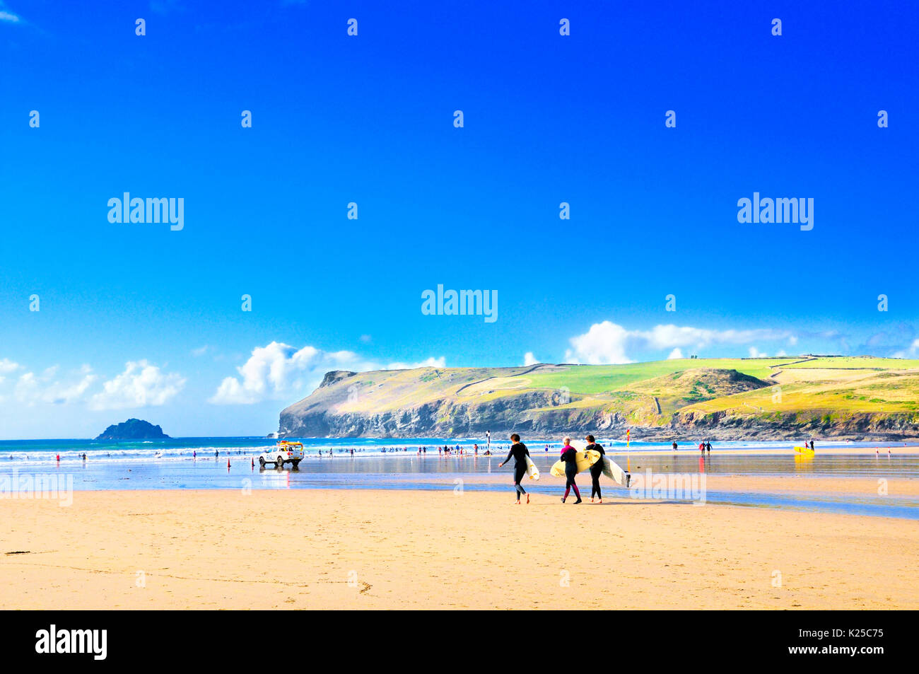 Polzeath Beach looking towards Pentire Point and Newlands Island, Cornwall, UK Stock Photo