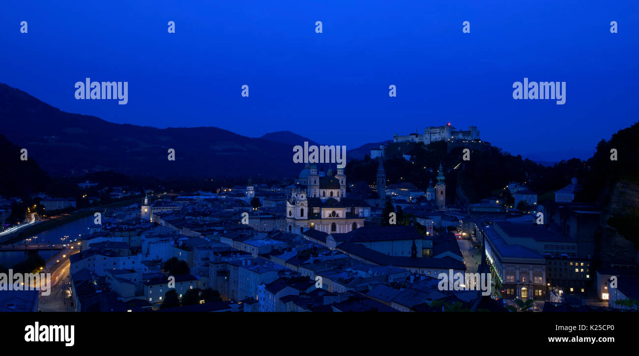 Dusk view of Salzburg, Austria where Mozart was born. Stock Photo