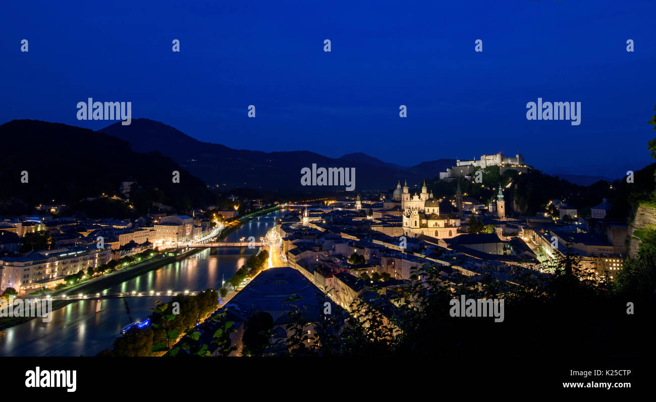 Dusk view of Salzburg, Austria where Mozart was born. Stock Photo