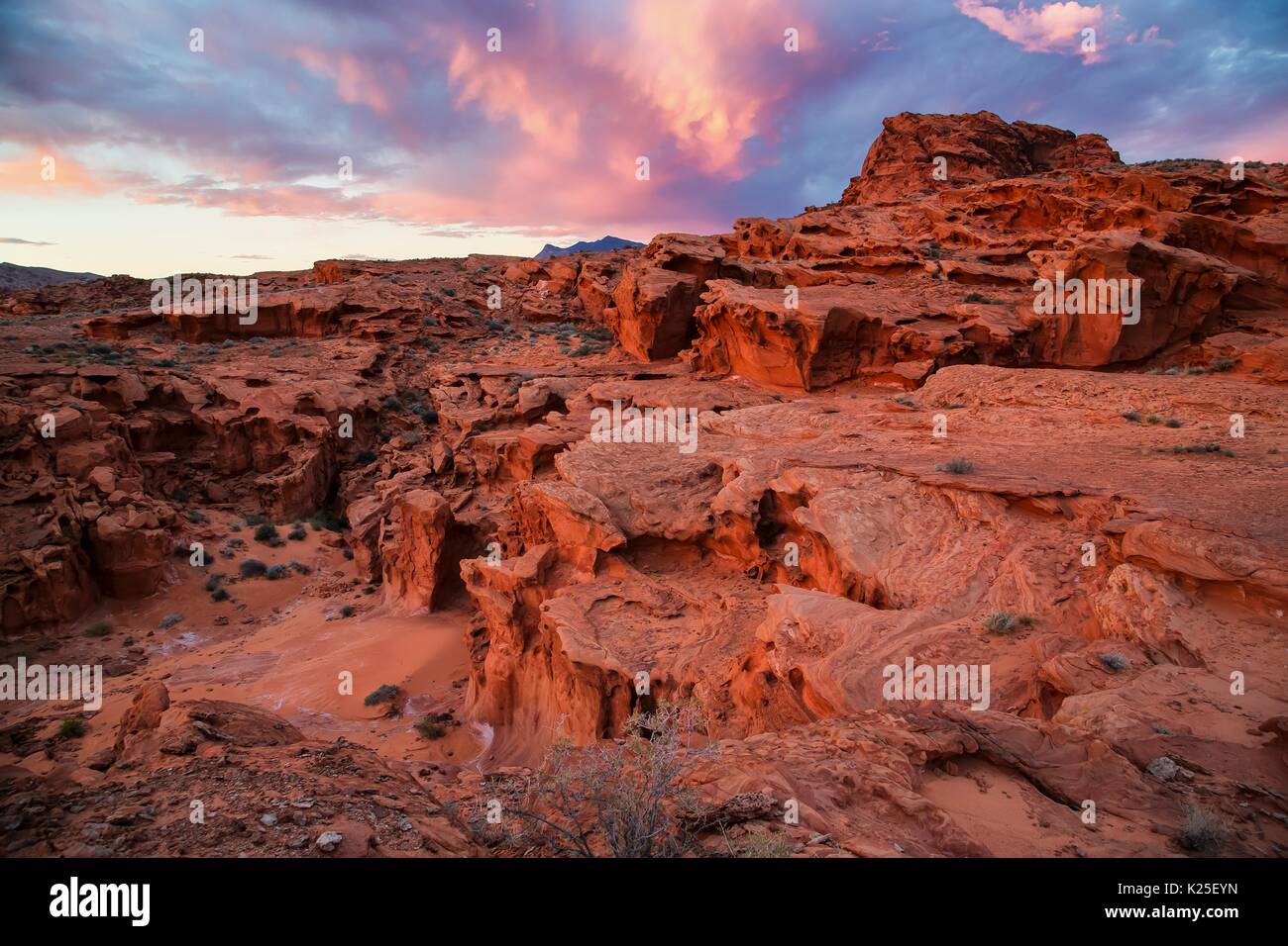 The sun sets over sandstone rock striations at the Little Finland formation at the Gold Butte National Monument September 27, 2016 near Mesquite, Nevada. Stock Photo