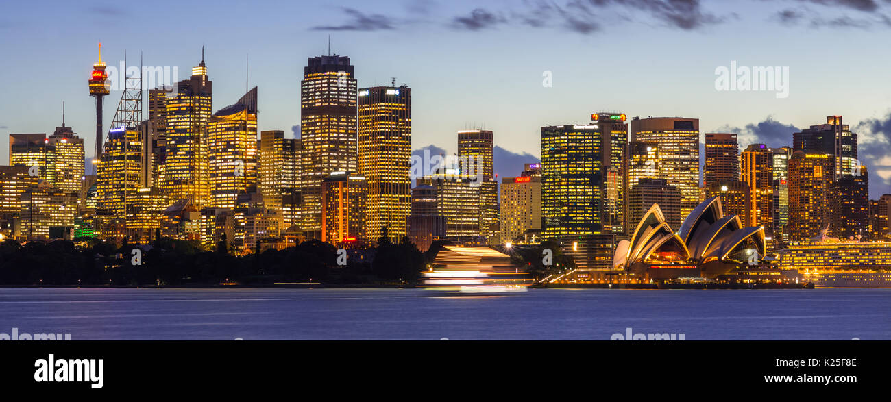 Panoramic views of Sydney harbour including Opera house, bridge and CBD, seen from Cremorne point on north shore, Sydney, New South Wales, Australia. Stock Photo
