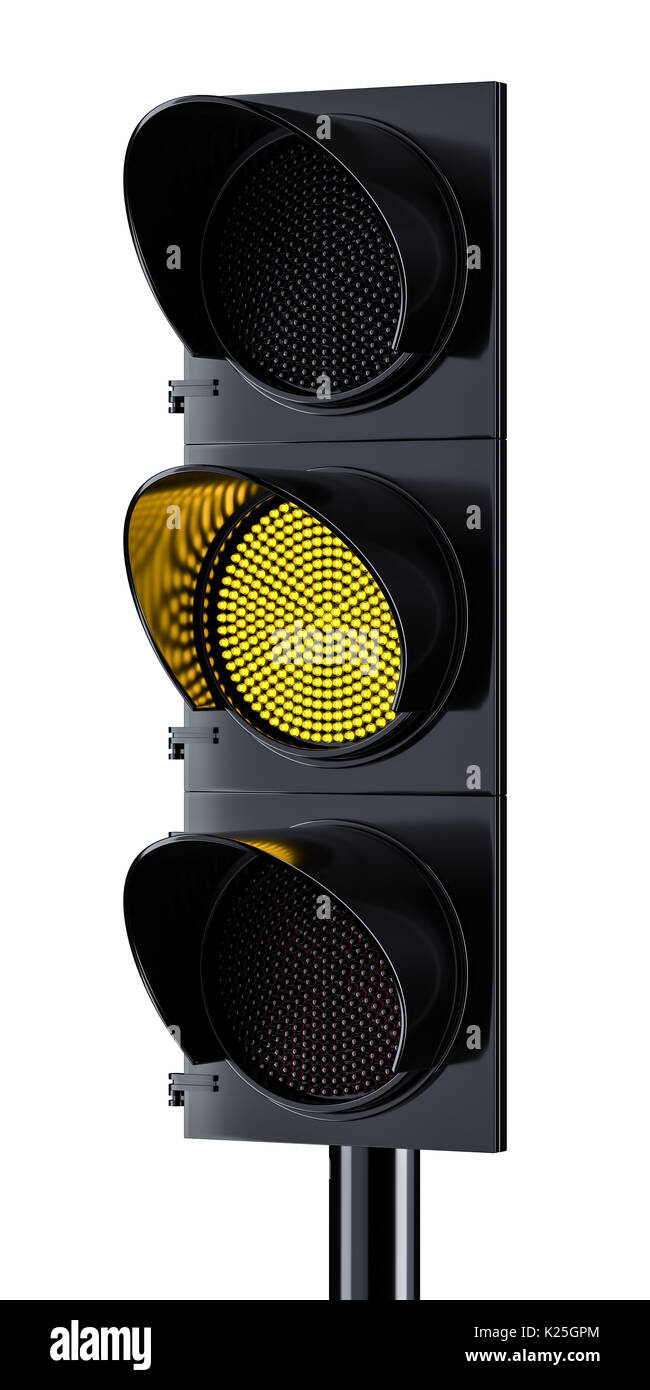 Traffic light with yellow signal lighting. Isolated on white background