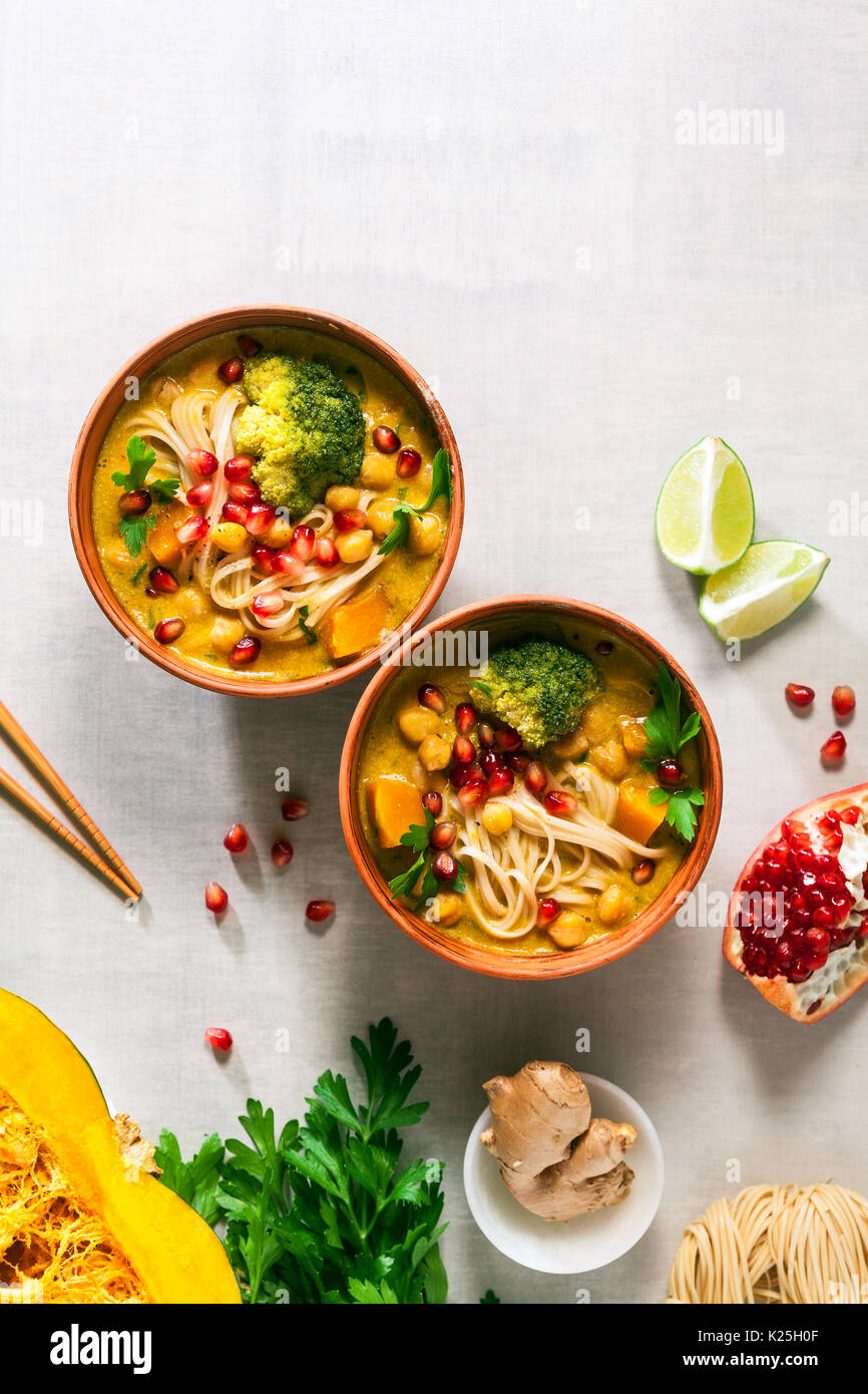 Laksa noodle soup With pumpkin and broccoli Stock Photo