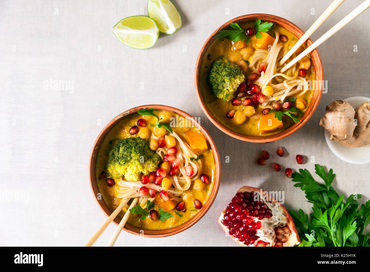 Laksa noodle soup With pumpkin and broccoli Stock Photo