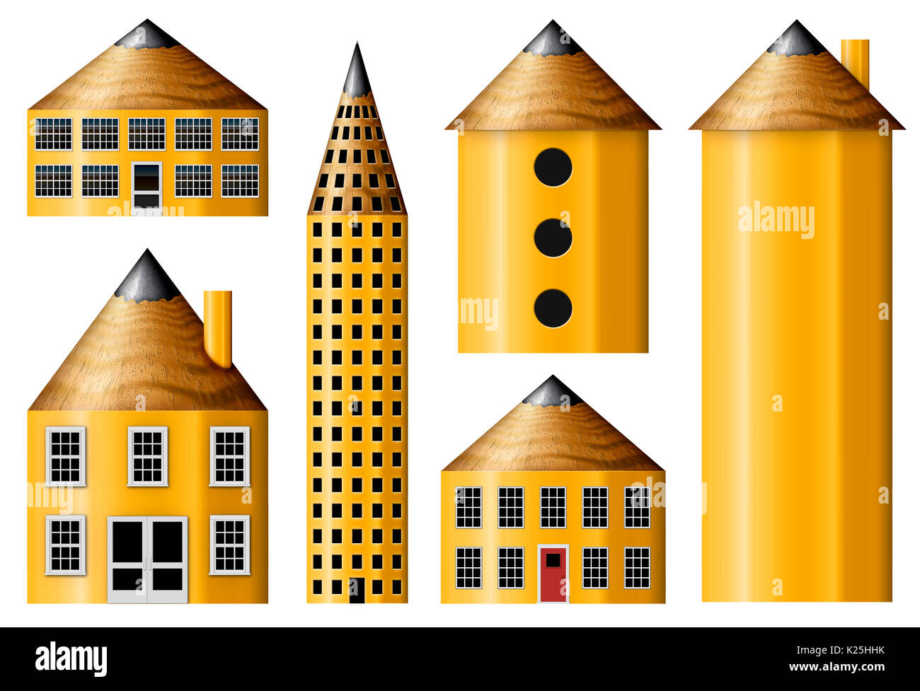Illustration of houses and buildings made out of pencils Stock Photo