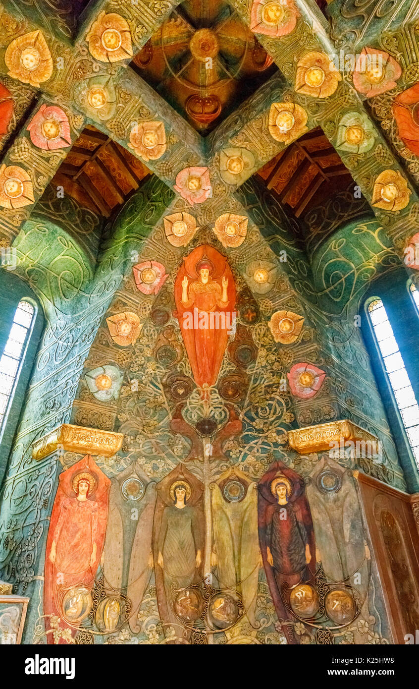 Arts & Crafts Movement style paintings in the Interior of Watts Cemetery Chapel, Compton, a village near Guildford, Surrey, south-east England, UK Stock Photo