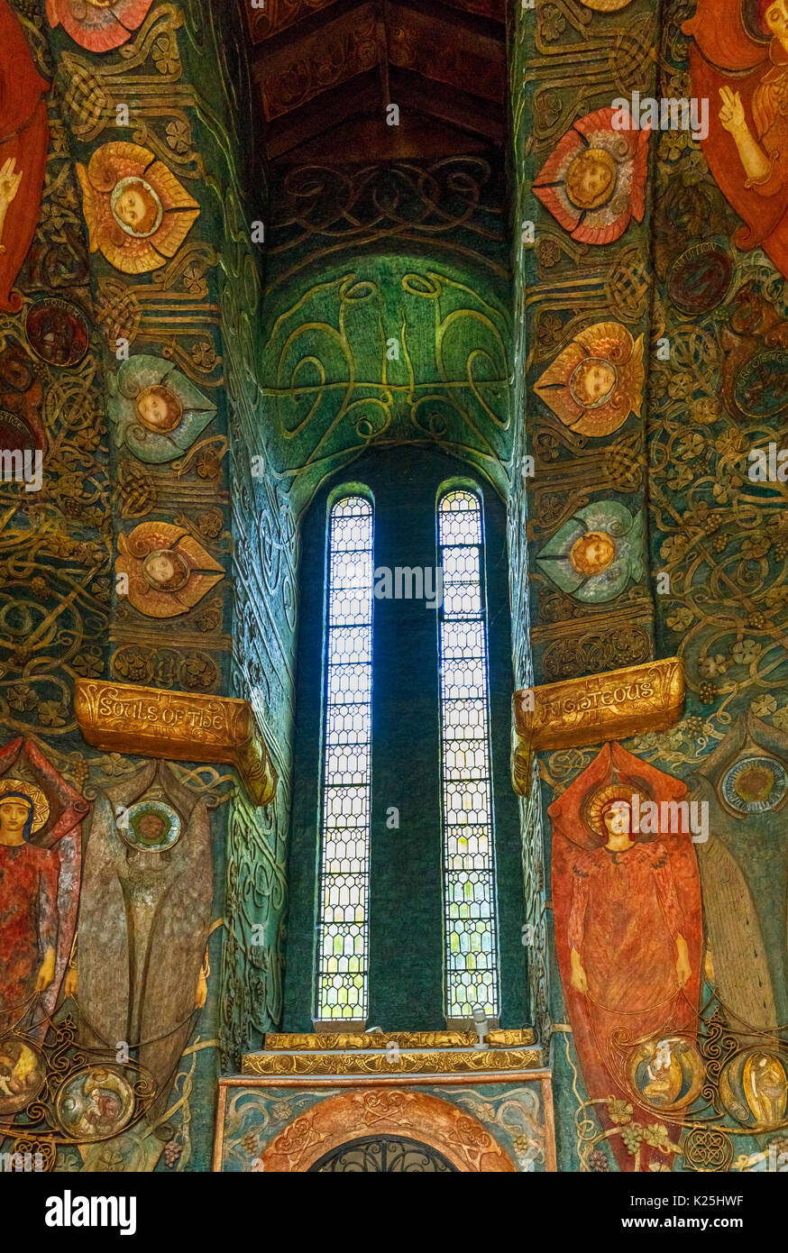 Arts & Crafts Movement style paintings in the Interior of Watts Cemetery Chapel, Compton, a village near Guildford, Surrey, south-east England, UK Stock Photo