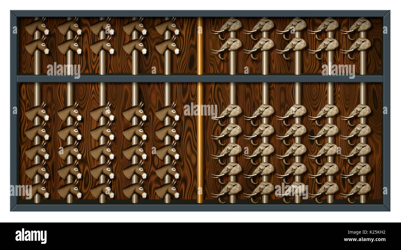 An abacus with elephant and donkey heads to count Republican and Democrat votes. Stock Photo