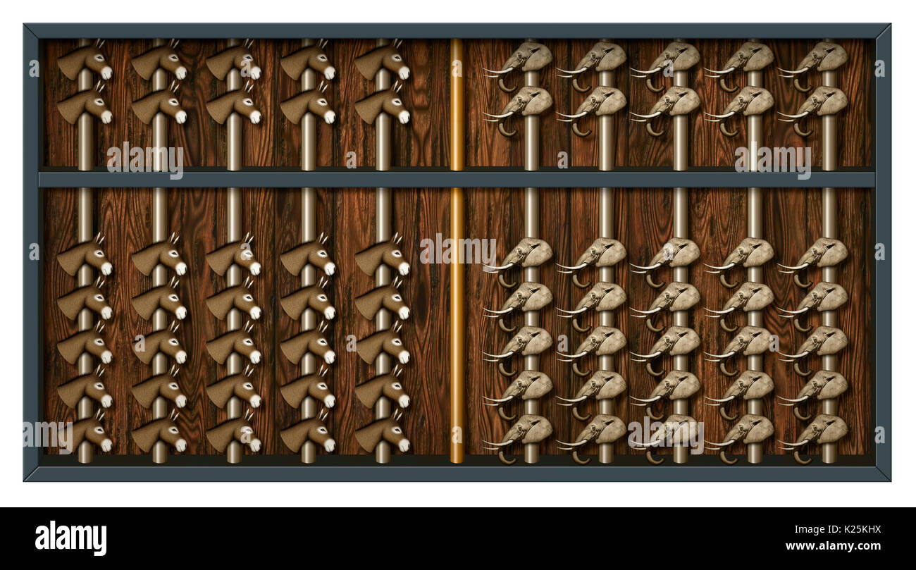 An abacus with elephant and donkey heads to count Republican and Democrat votes. Stock Photo