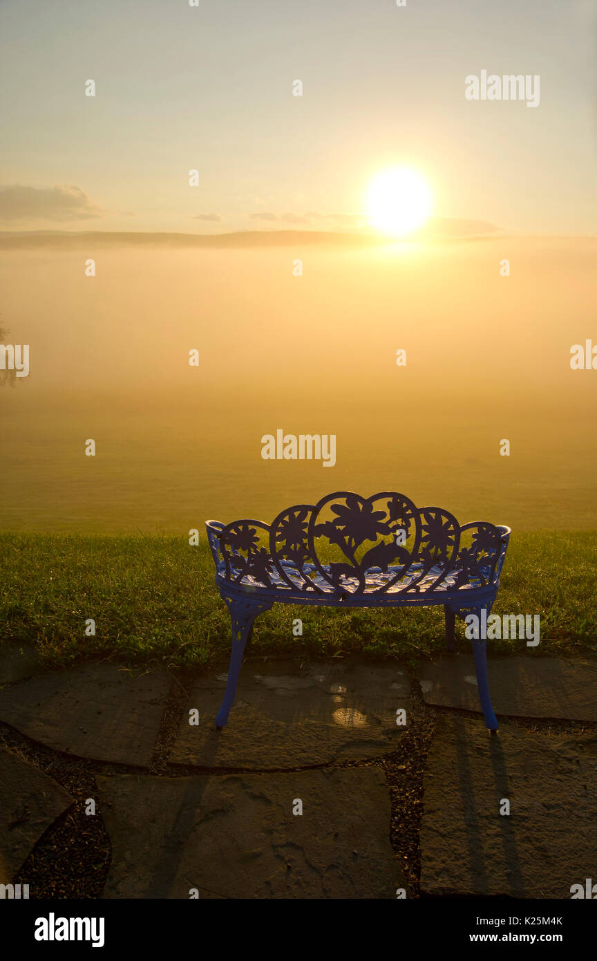 ornate wrought iron bench at sunrise Stock Photo