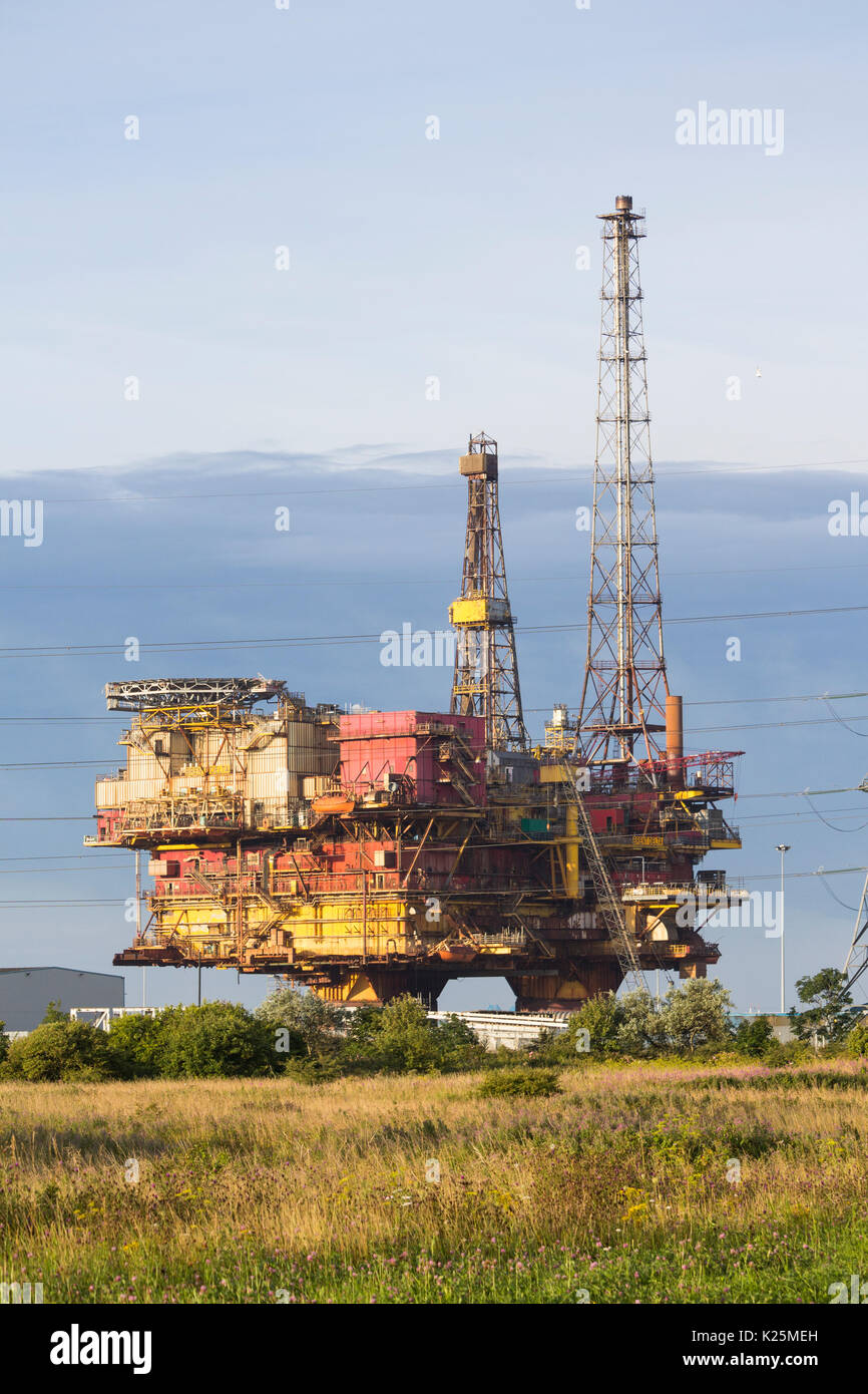 The 130 metre tall, 24,000 tonne Brent Delta Topside oil platform being recycled at Able UK`s Seaton port site near Hartlepool, UK Stock Photo