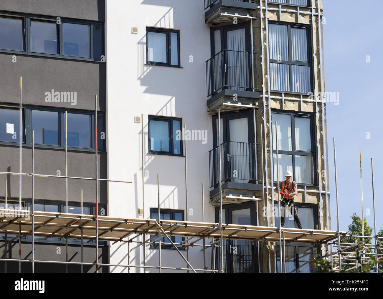 UK: Cladding being removed from tower blocks at Kennedy Gardens in Billingham, north east England. Stock Photo