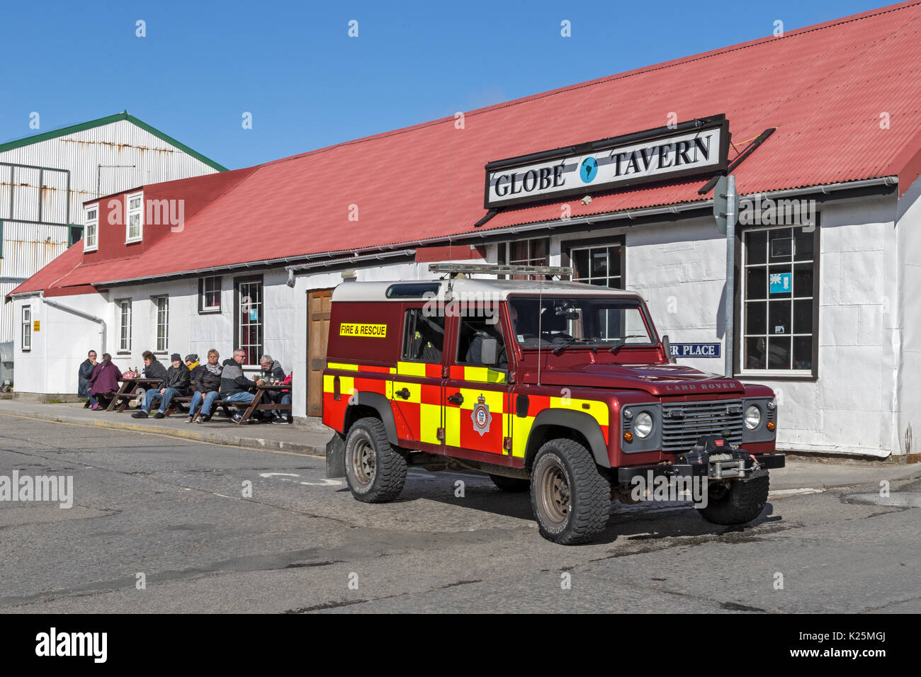 Globe Tavern and Fire & Rescue Vehicle Ross Road (main street) Stanley Falkland Island (Malvinas) Stock Photo