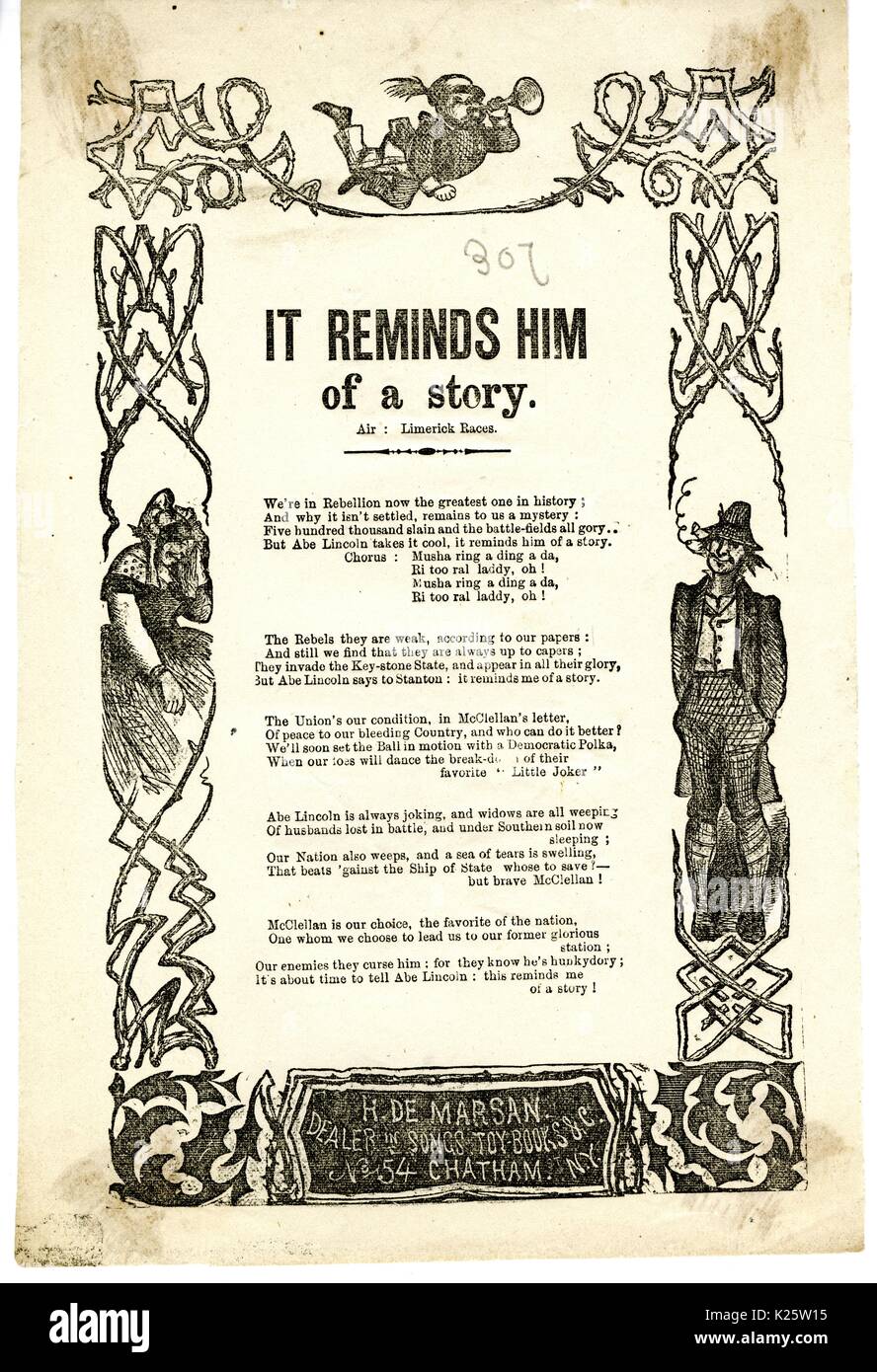 Broadside from the American Civil War, entitled 'It Reminds Him of a Story, ' advocating for General George McClellan's presidency and a united nation under his leadership, New York, New York, 1864. Stock Photo