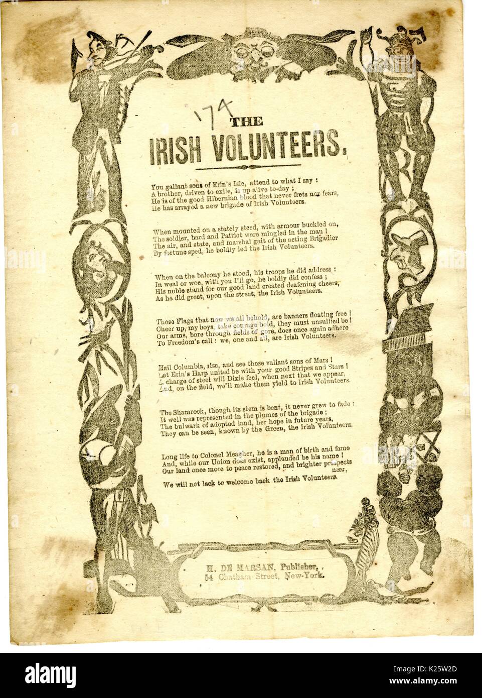 Broadside from the American Civil war, entitled 'The Irish Volunteers, ' praising the bravery and resolve of the Irish Brigade, New York's 69th Infantry Unit, New York, New York, 1863. Stock Photo