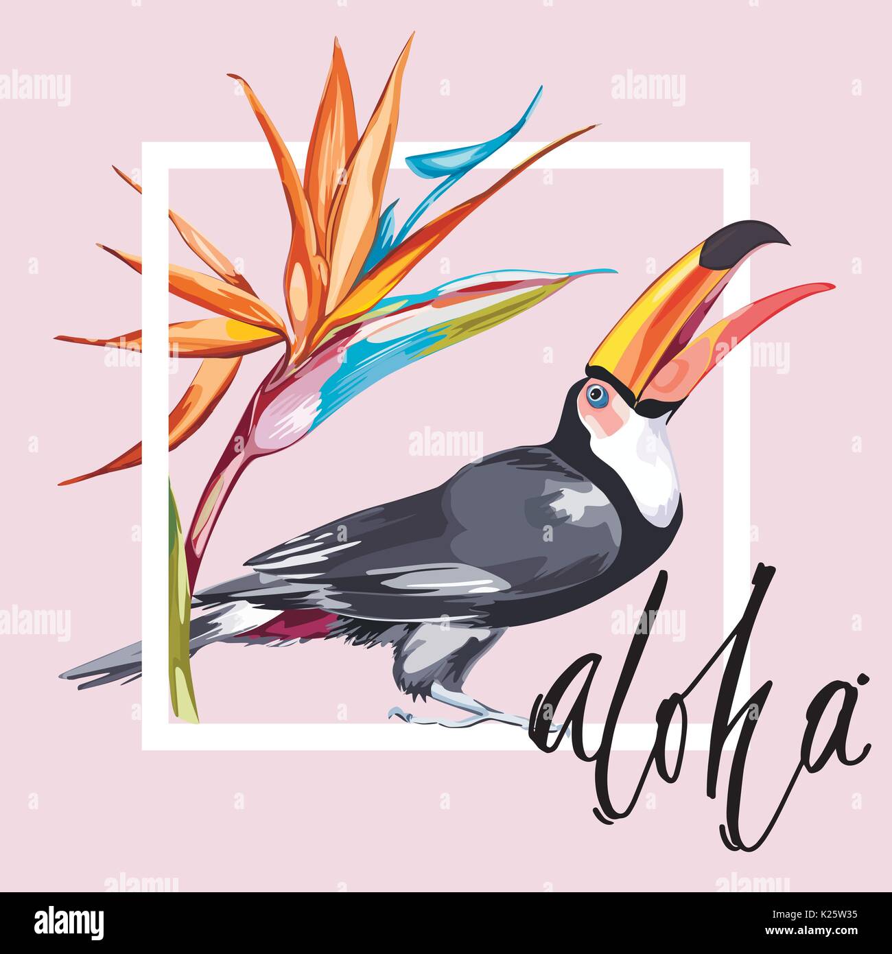 Word- Aloha. Toucan with tropical flowers. Element for design of invitations, movie posters, fabrics and other objects. Isolated on white. Vector EPS 10 Stock Vector